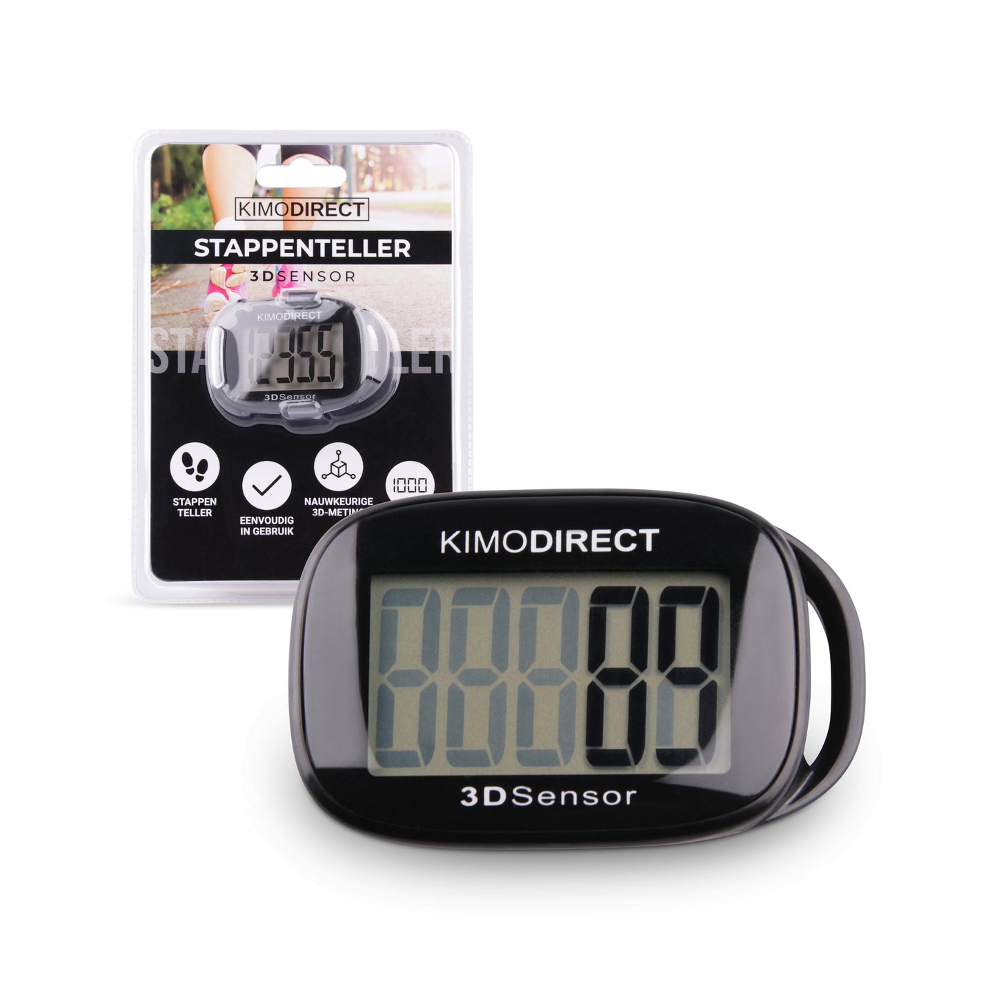 KIMO DIRECT Stappenteller met Clip en Draagkoord - Stappen Tellen - Activity tracker - Pedometer - Groot Scherm - Zwart - KIMO DIRECT