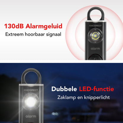 KIMO DIRECT persoonlijk alarm sleutelhanger met 130 dB alarmgeluid en dubbele LED-functie