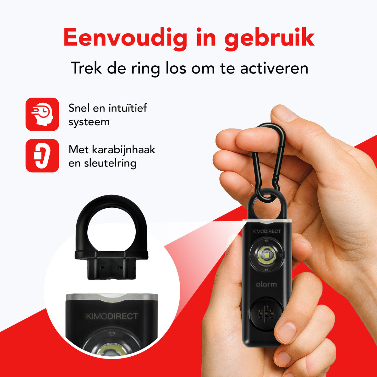 KIMO DIRECT persoonlijk alarm sleutelhanger activeer je door de ring los te trekken