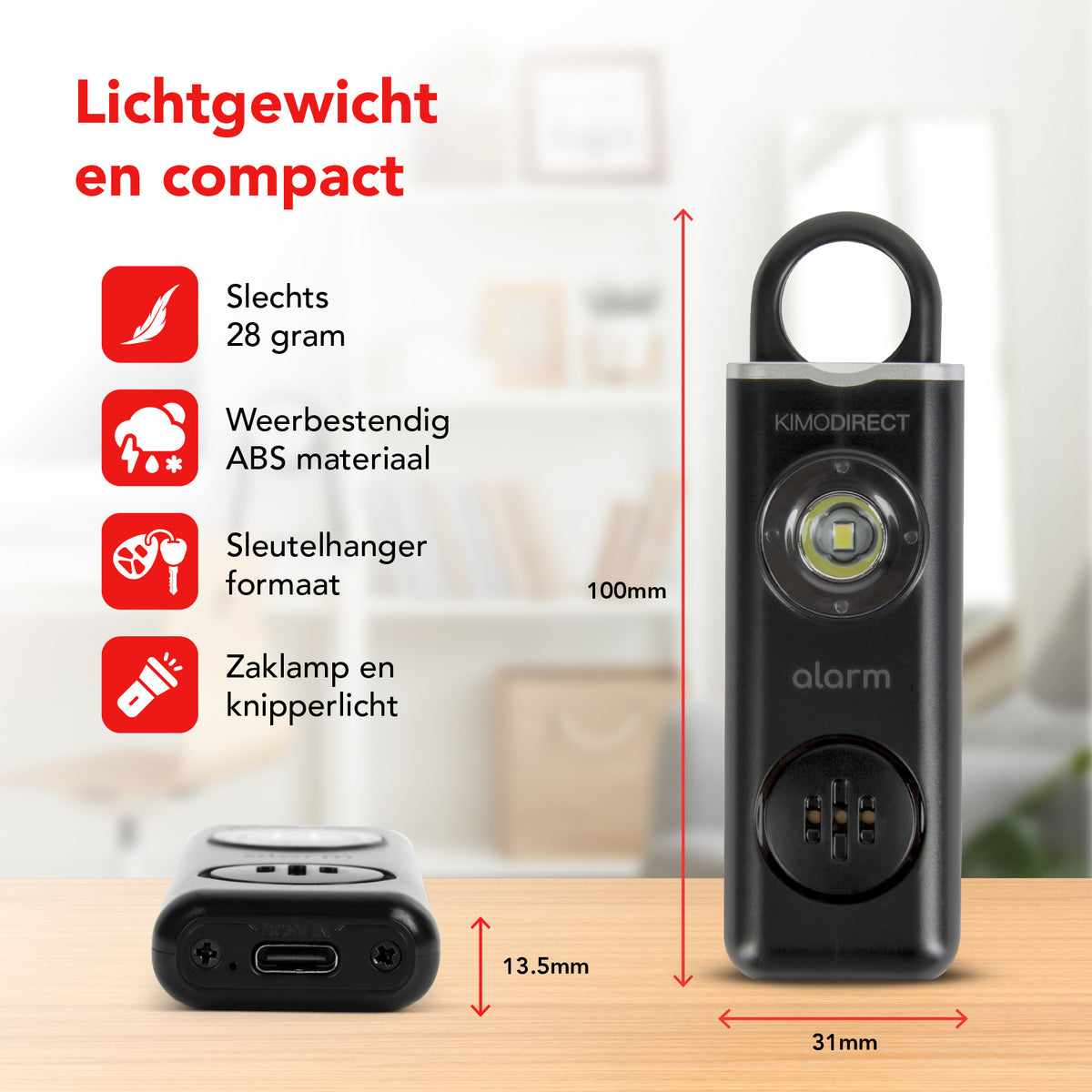 KIMO DIRECT persoonlijk alarm sleutelhanger lichtgewicht en compact, 28 gram