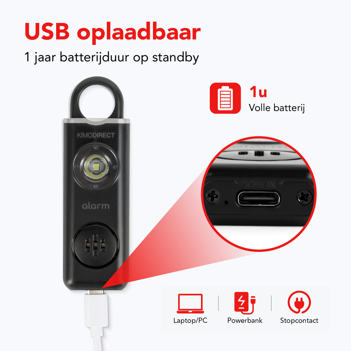 KIMO DIRECT persoonlijk alarm sleutelhanger USB-C oplaadbaar met 1 jaar standby