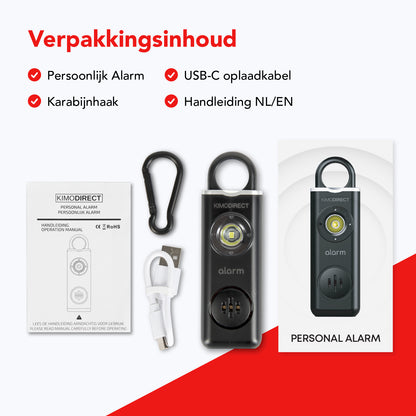 KIMO DIRECT persoonlijk alarm sleutelhanger verpakkingsinhoud met karabijnhaak en USB-C kabel