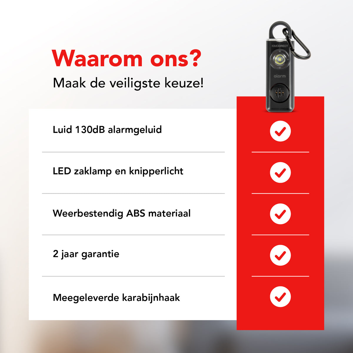 KIMO DIRECT persoonlijk alarm sleutelhanger voordelen: 130 dB, LED zaklamp en 2 jaar garantie